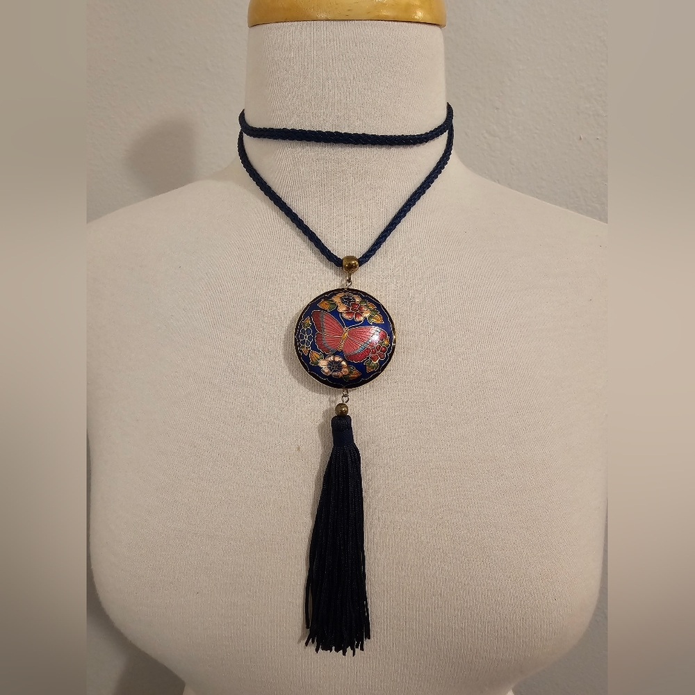 Vintage Chinese Cloisonné Butterfly and Floral Pendant and Tassle Necklace